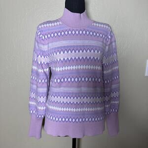 Grandma Core Large Knit Sweater Mock Neck Relaxed Lavender Purple White Blue